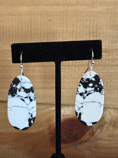 White Buffalo & Sterling Silver Slab Oval Dangle Earrings