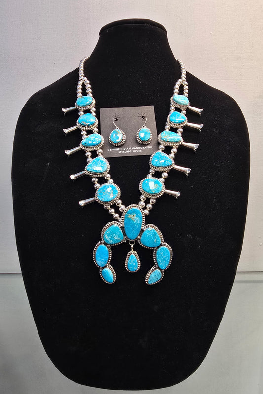 Turquoise Kingman Squash Blossom Set