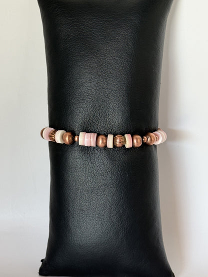 Pink Conch & Copper Beaded Stretchy Bracelet