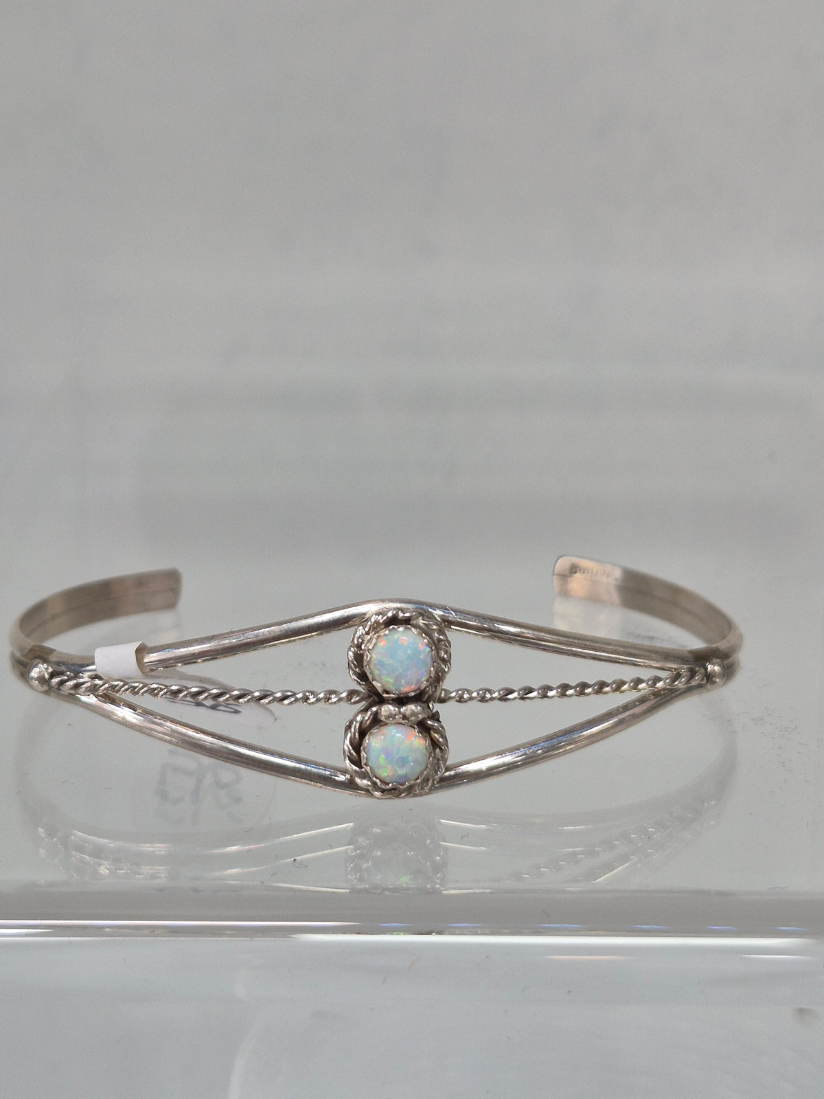 Lab opal & SS Bracelet w two stones- White