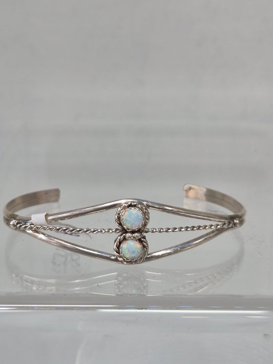 Lab opal & SS Bracelet w two stones- White