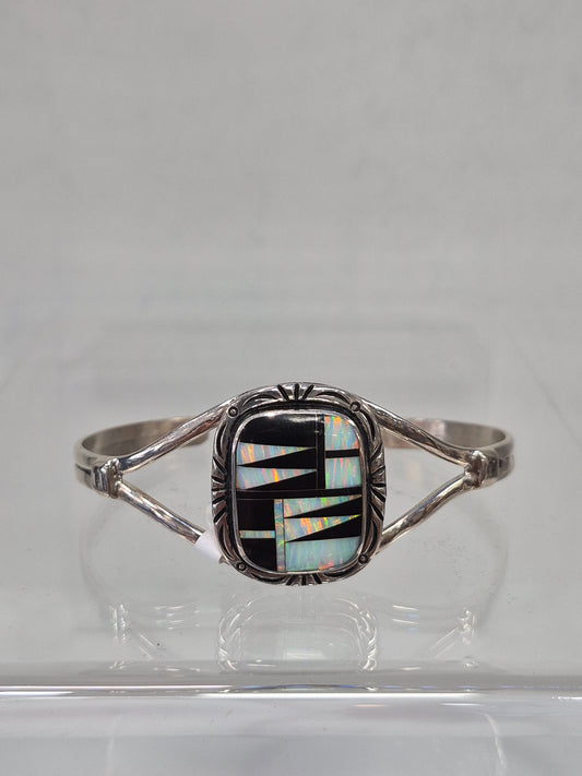 Onyx,Lab Opal & SS Inlay Bracelet