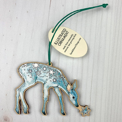 Snow Deer - 3.5" illustrated wooden tree ornament