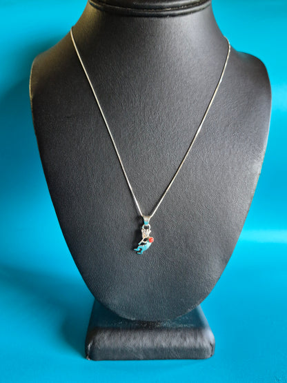 Coral & Sterling Silver Kokopeli Necklace