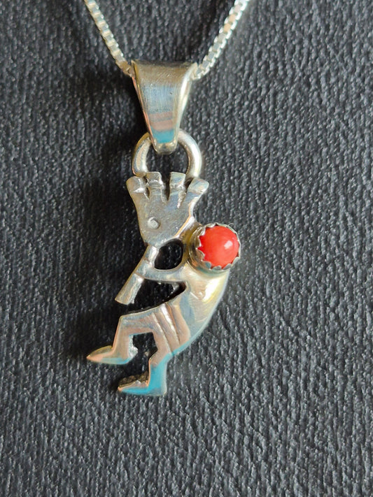Coral & Sterling Silver Kokopeli Necklace