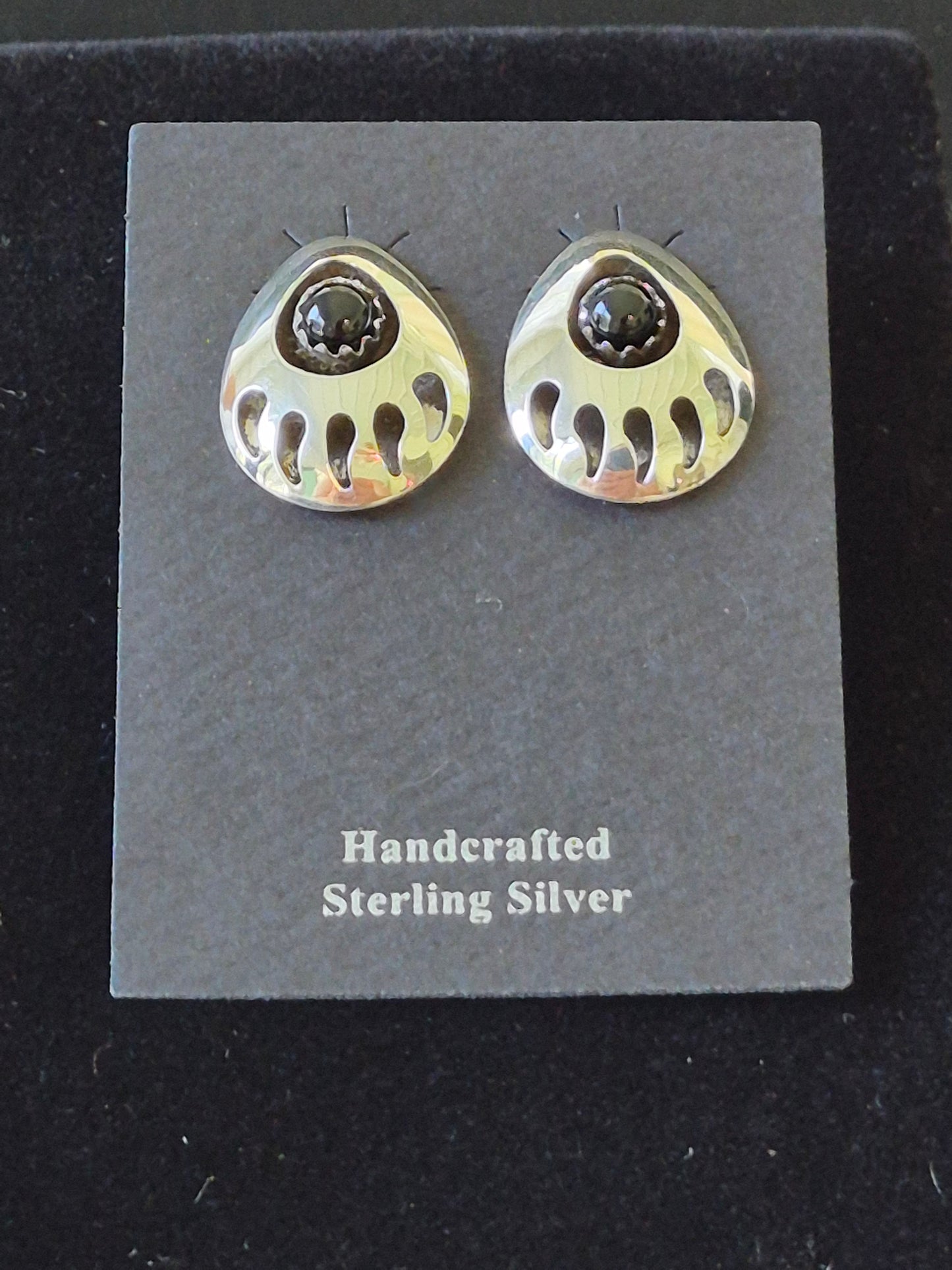 Sterling Silver & Onyx Bear paw Stud Earrings
