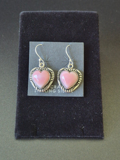 Pink Conch & Sterling Silver Heart Earrings