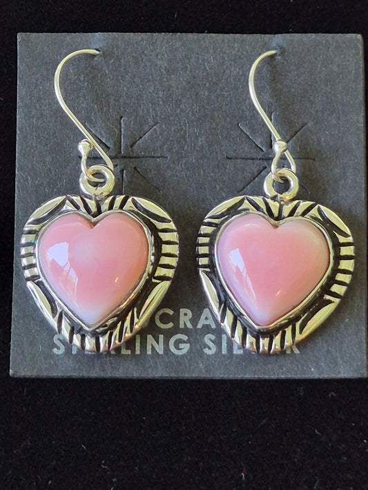 Pink Conch & Sterling Silver Heart Earrings
