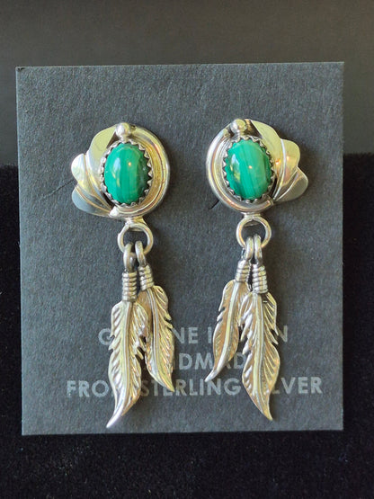 Sterling Silver and Malachite Feather Earrings