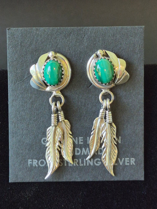 Sterling Silver and Malachite Feather Earrings