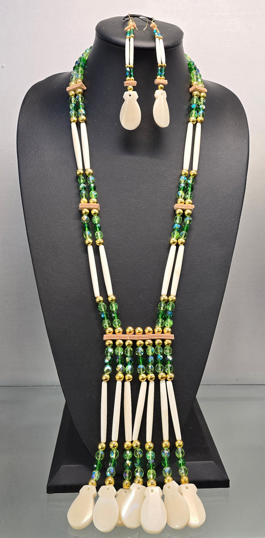 Bone & Glass Elk Tooth Necklace/Earring Set - Green