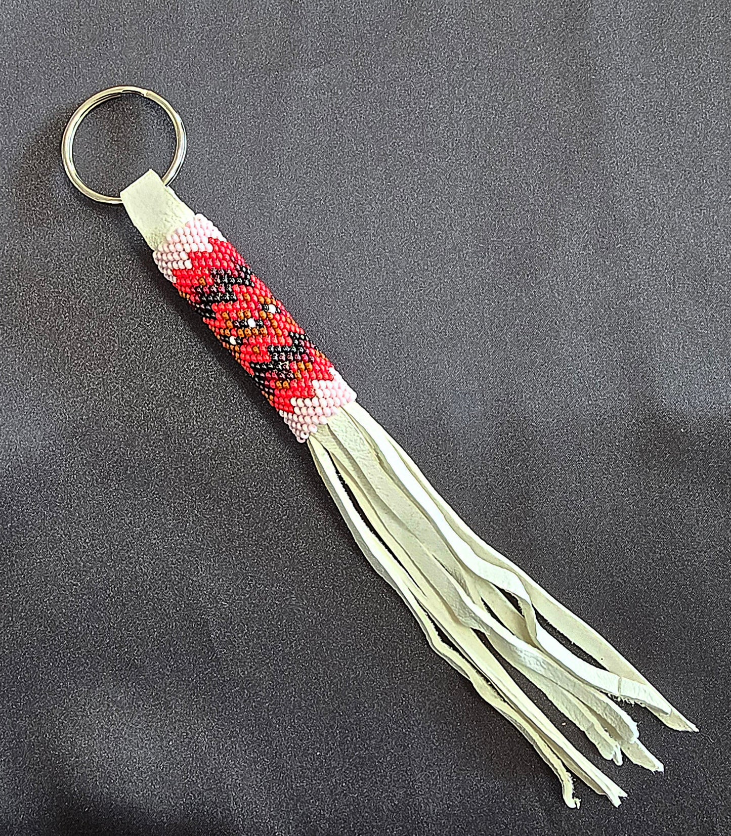 Beaded Keychain - Light Pink w/Red & Black Details