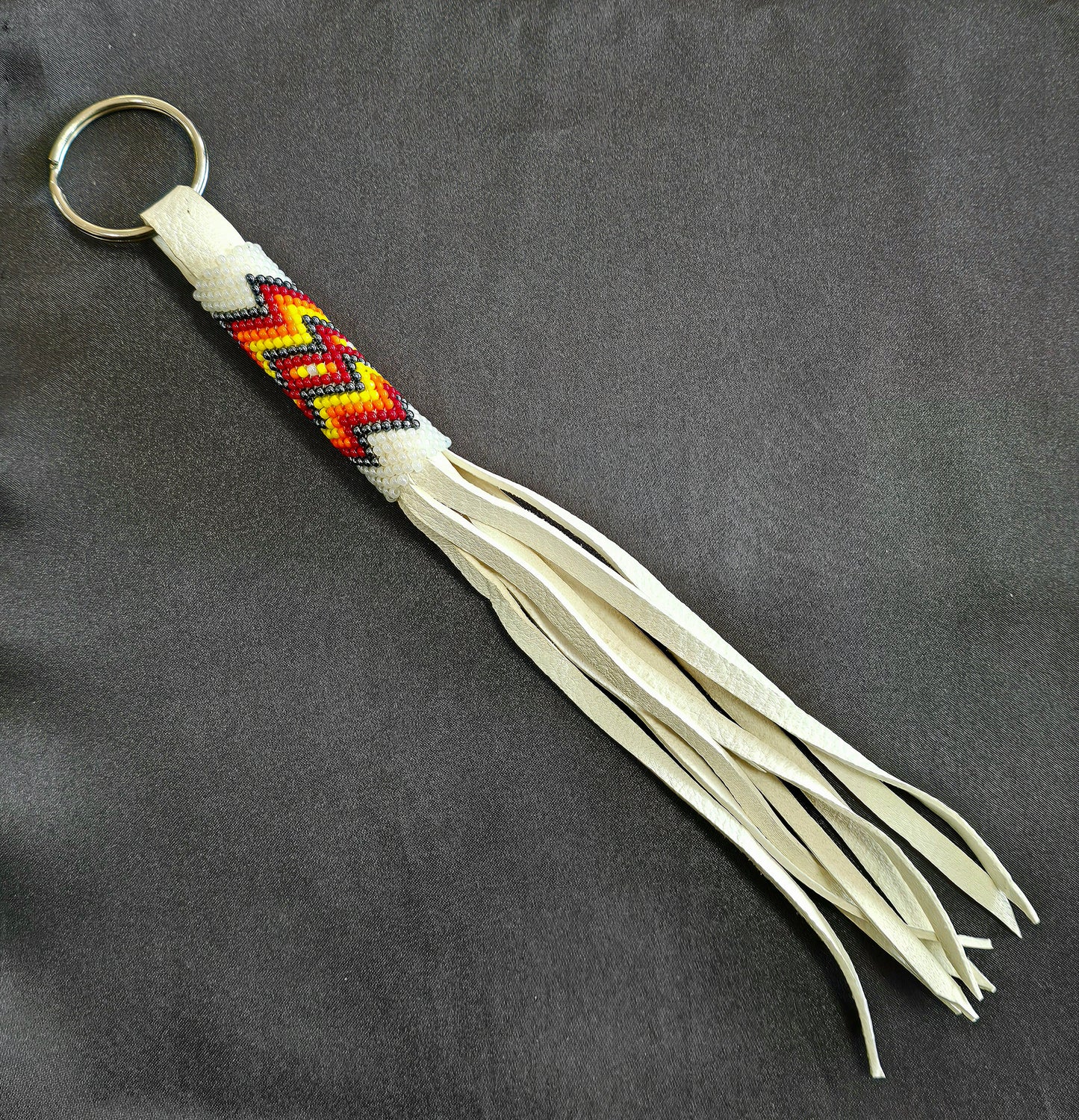 Beaded Keychain - Pearl White w/Dark Red & Metallic Gun Metal Details