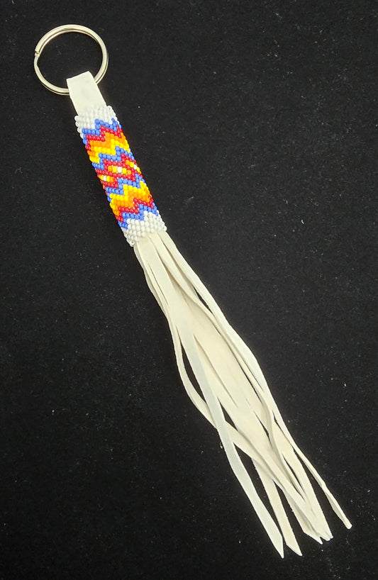 Beaded Keychain - White w/Dark Red & Light Blue Details