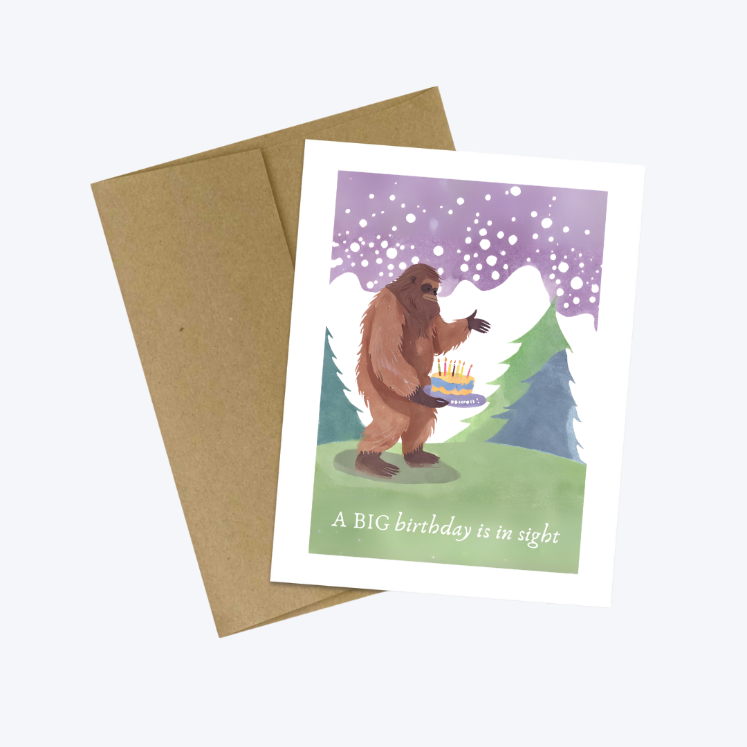 A BIG birthday is in sight Bigfoot Birthday Card: Small Notecard 4.25” x 5.25” / Brown Kraft Paper