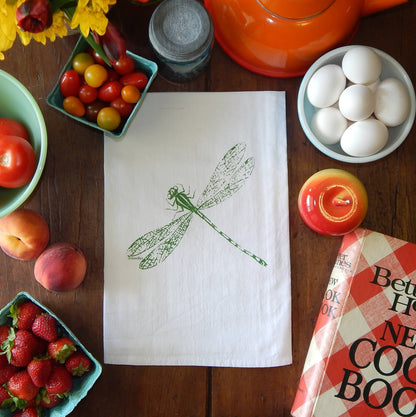 Dragonfly Dish Towel | Tea Towels | Flour Sack Dish Towels: Green