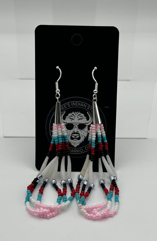 Beaded Earrings Pink and Red with Dentalium Shell