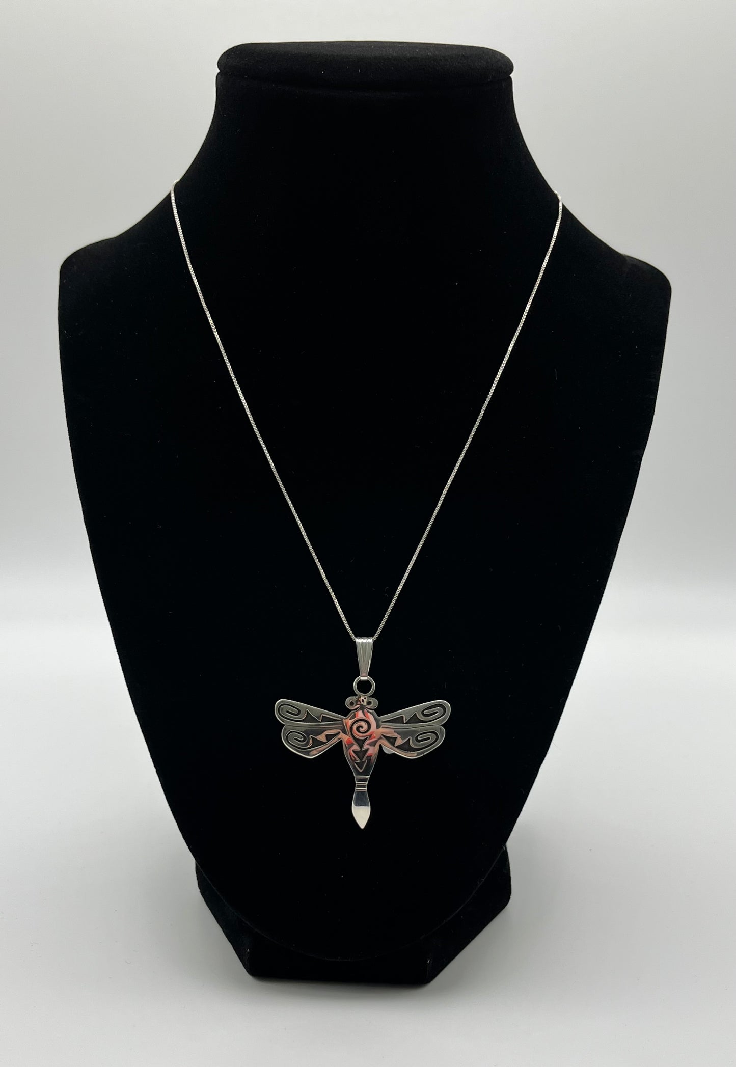 Sterling Silver Dragonfly Pendant with Tribal Design with chain