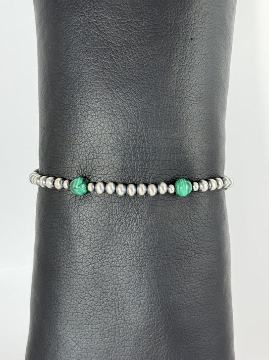 Green Malachite & Sterling Silver Bead Bracelet