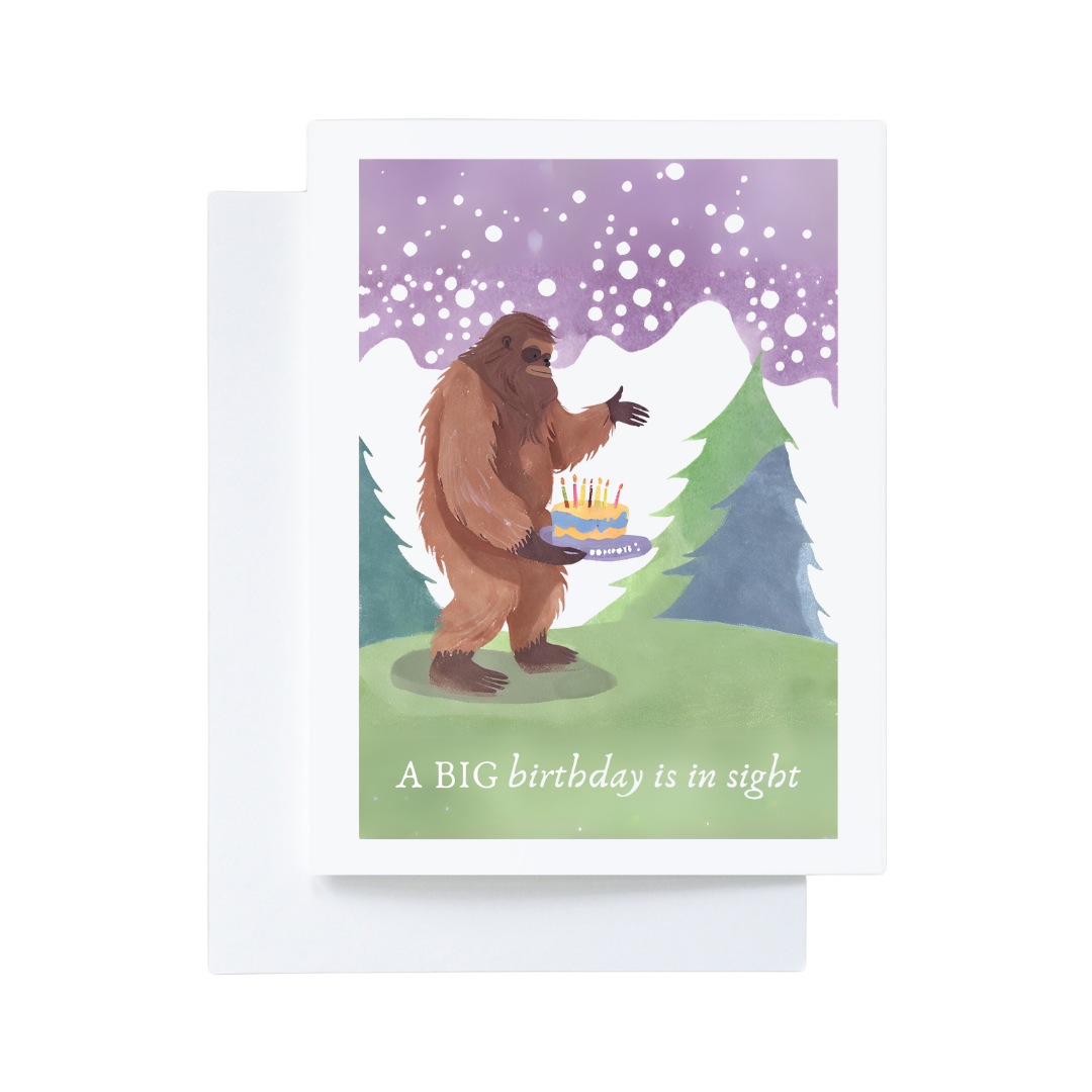 A BIG birthday is in sight Bigfoot Birthday Card: Small Notecard 4.25” x 5.25” / Brown Kraft Paper
