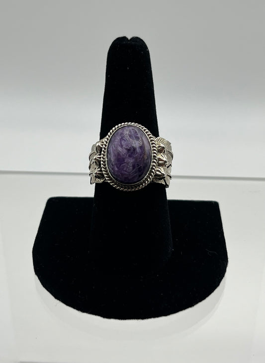 Charoite and Sterling Silver Ring with Feather Detail Size 8.75