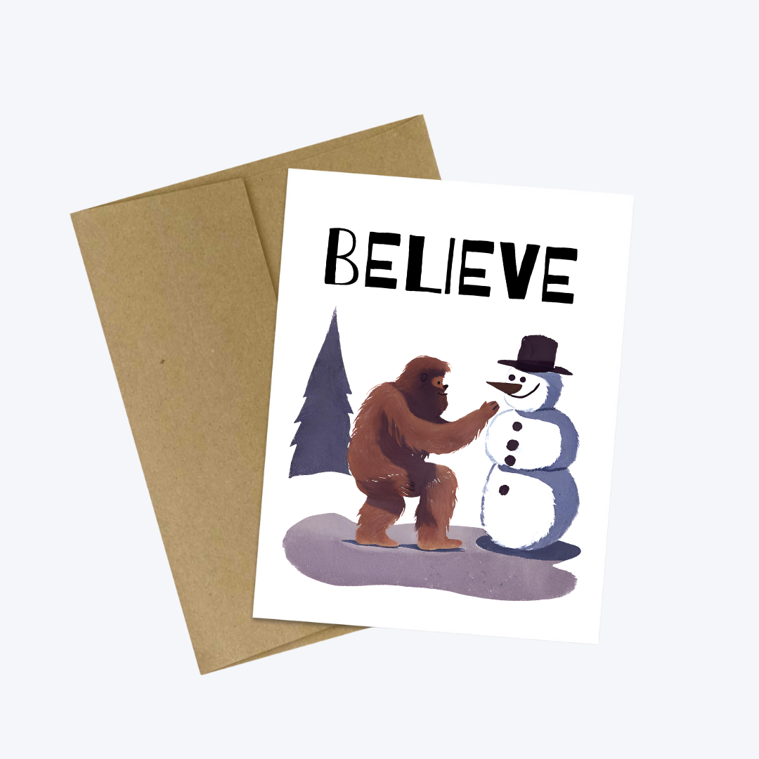Bigfoot Building a Snowman Christmas Card : Brown Kraft Paper