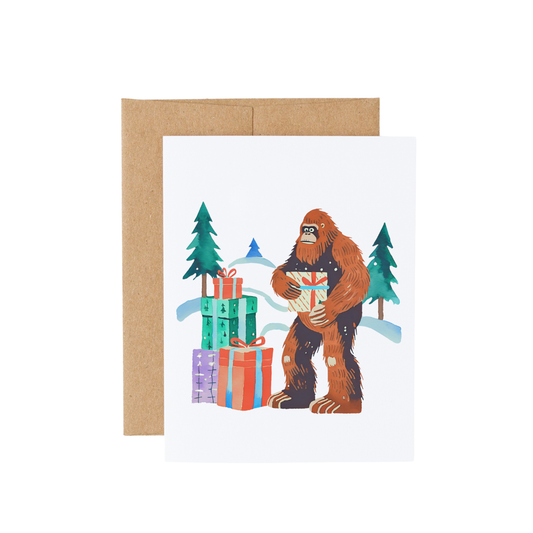 Set of 12 Cartoon Bigfoot Christmas Cards: Brown Kraft Paper