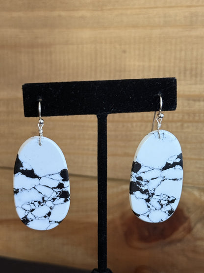 White Buffalo & Sterling Silver Slab Oval Dangle Earrings