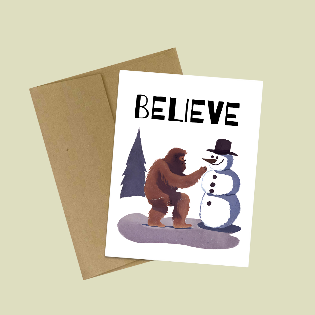 Bigfoot Building a Snowman Christmas Card : Brown Kraft Paper