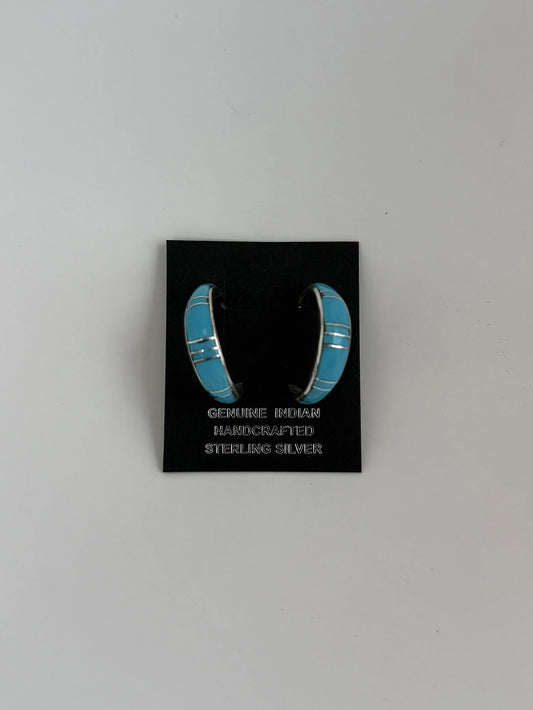 Turquoise Inlay & Sterling Silver Hoop Earrings