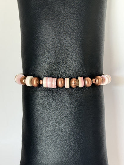 Pink Conch & Copper Beaded Stretchy Bracelet