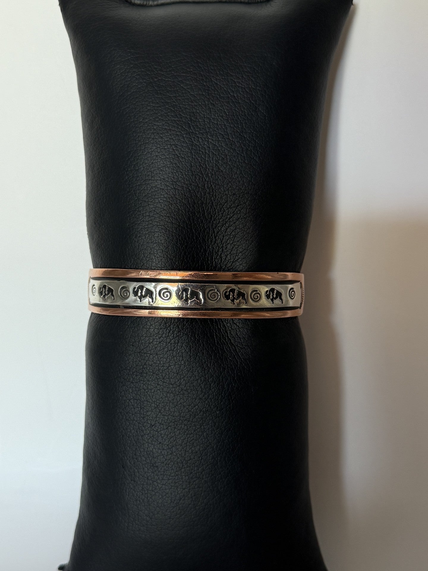 Copper & Navajo Sterling Silver Bracelet with Buffalo and Swirl Symbols
