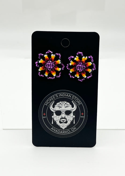 Beaded Floral Earrings; Purple
