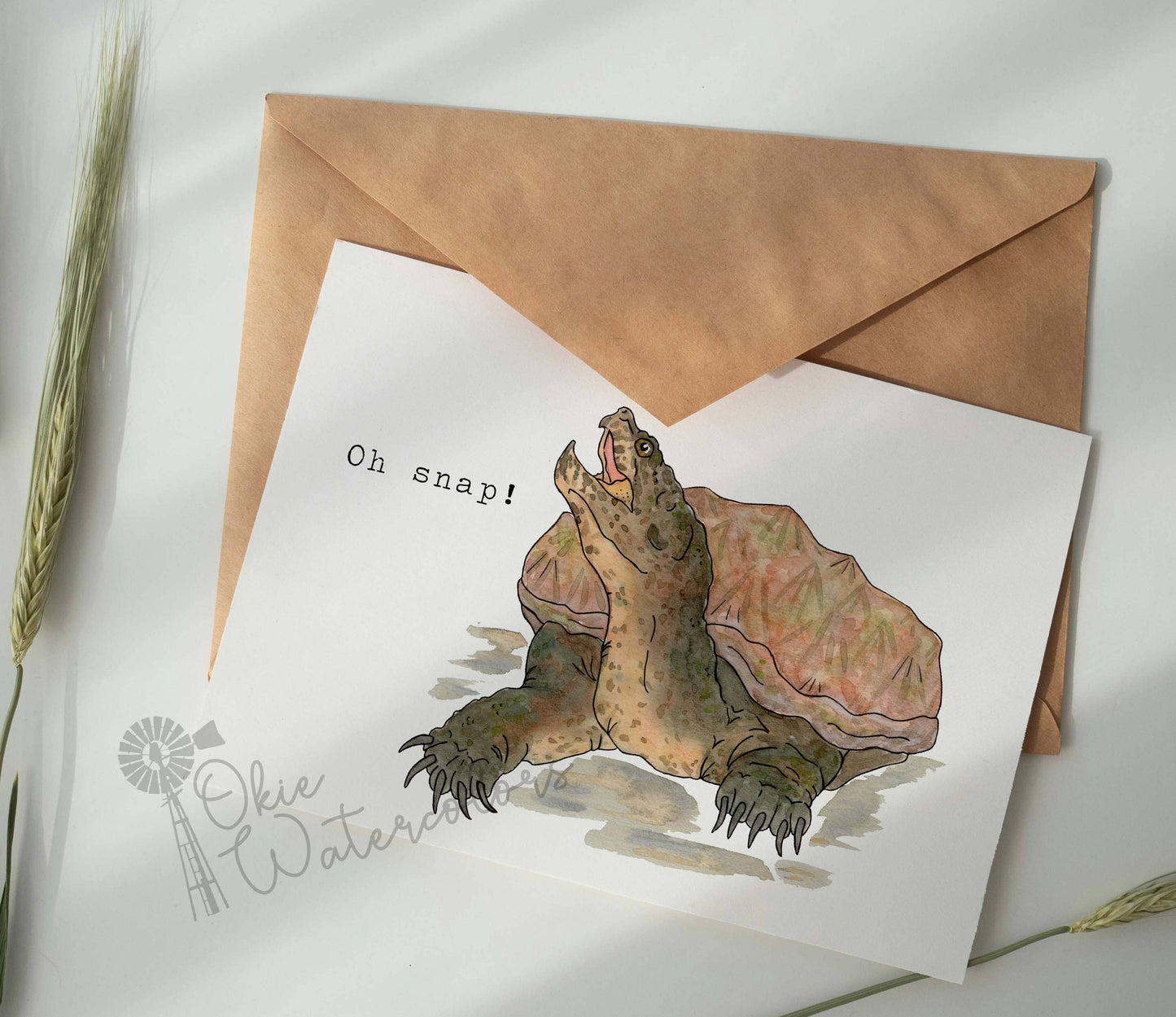 Snapping Turtle "Oh Snap!" 5x7" Watercolor Greeting Card