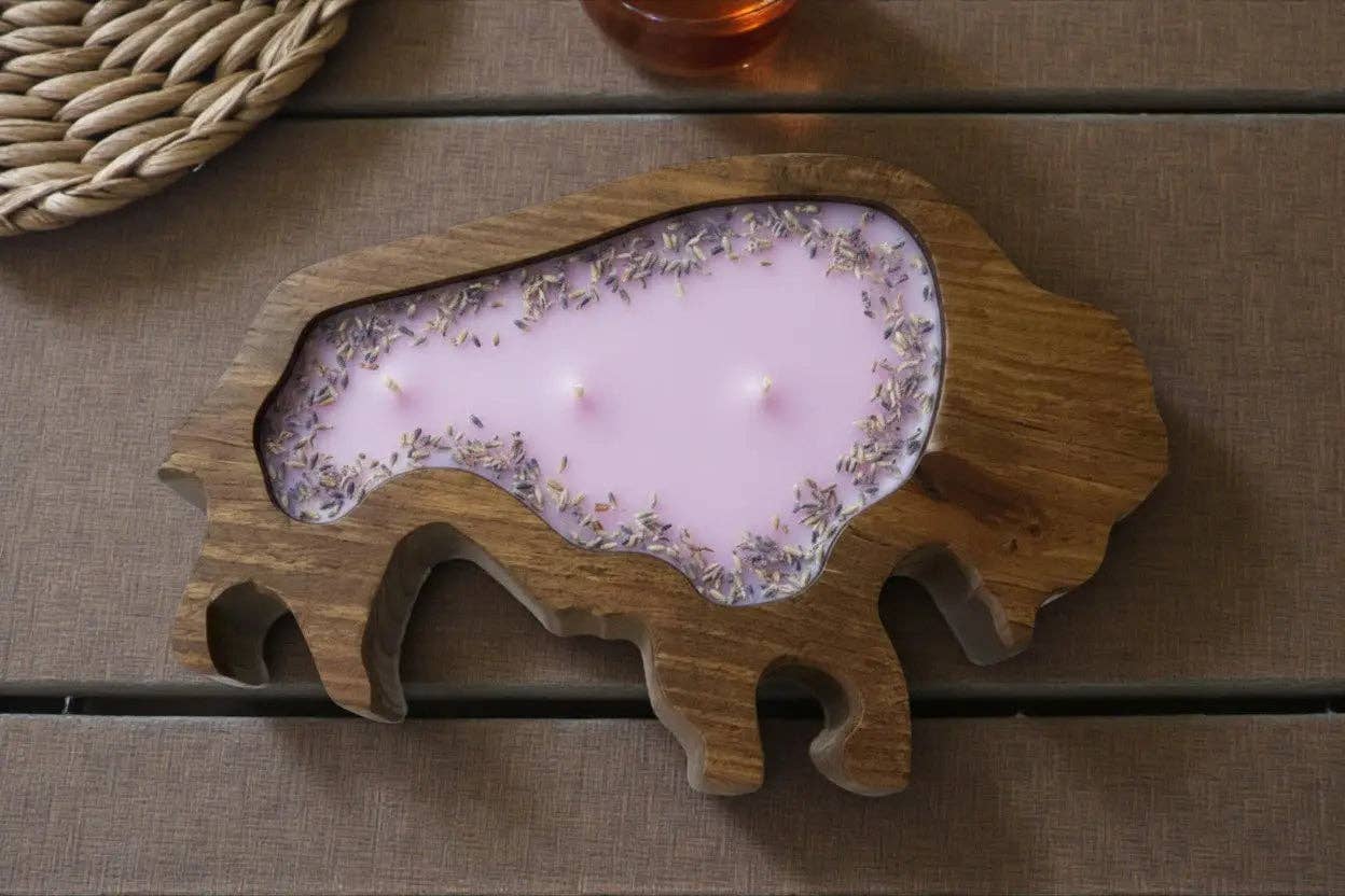 Bison or Buffalo Candle in Hand-Carved Bowl | Organic Soy Candle: Fresh Rose