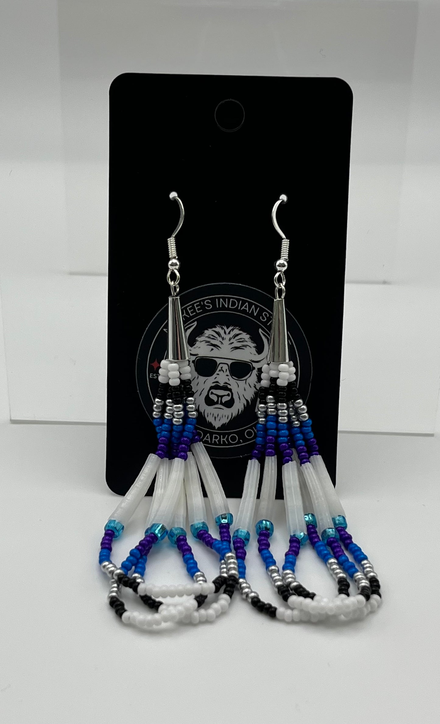 Beaded Earrings Purple, Blue and Black with Dentalium Shell