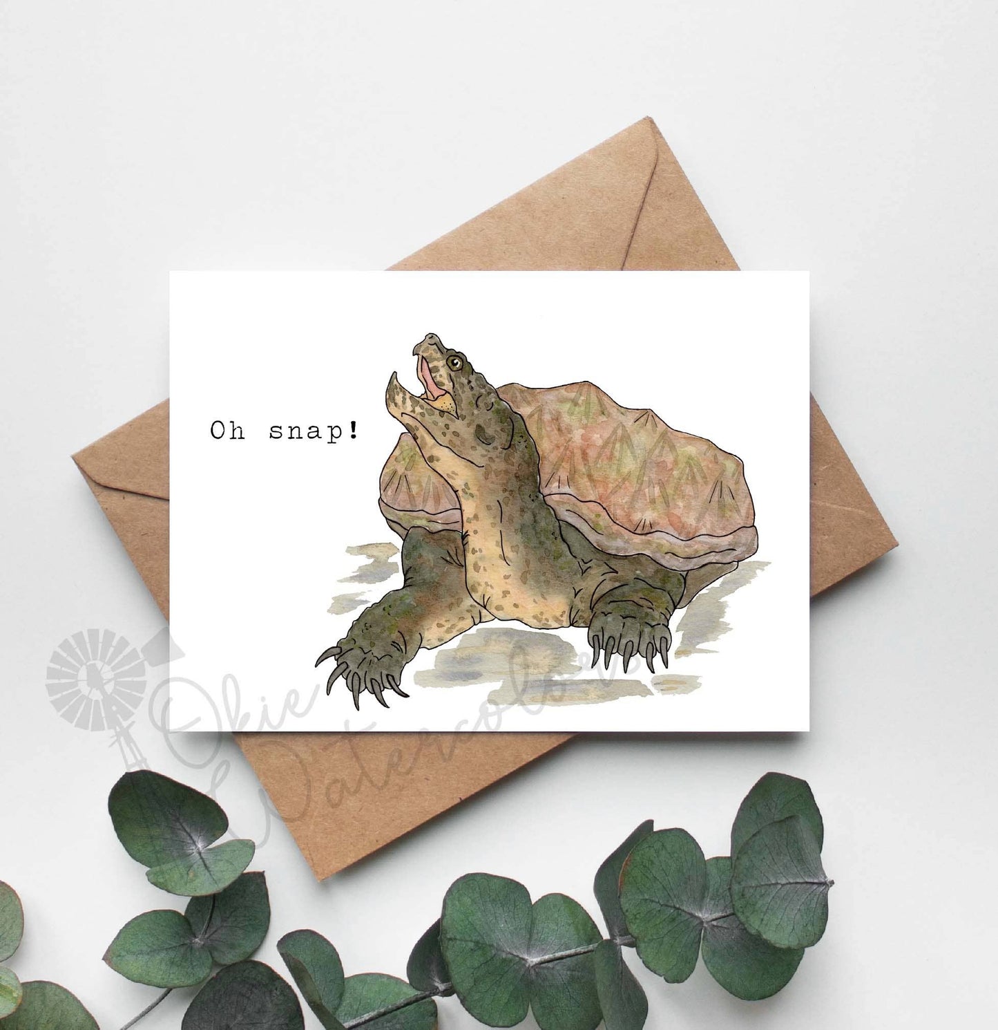 Snapping Turtle "Oh Snap!" 5x7" Watercolor Greeting Card