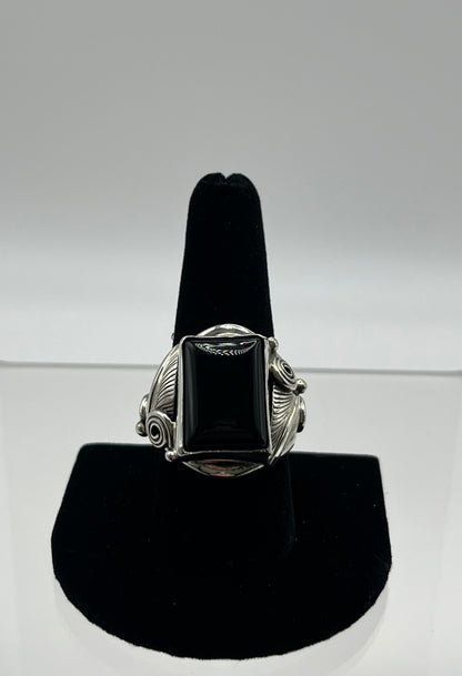 Men’s Large Onyx and Sterling Silver Ring Size 10.75