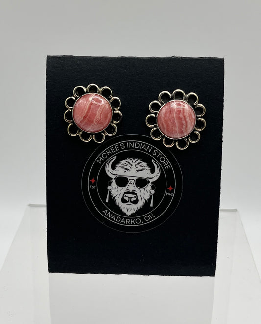 Rhodochrosite and Sterling Silver Flower Earrings