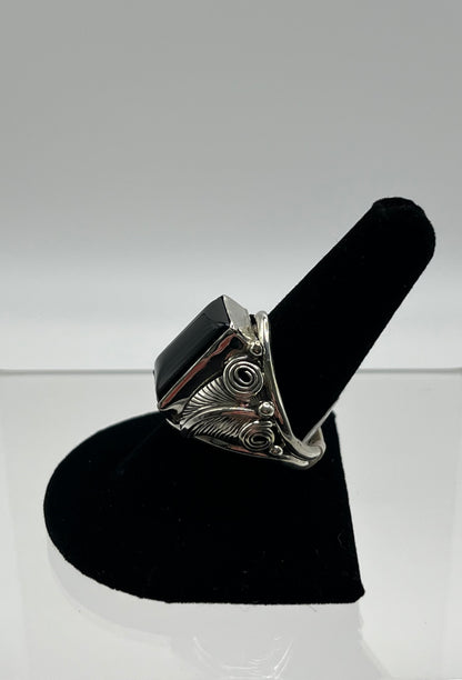 Men’s Large Onyx and Sterling Silver Ring Size 10.75