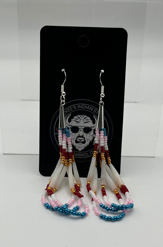 Beaded Earrings Pink, Red and Gold with Dentalium Shell