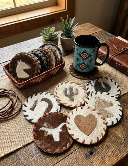 Cowhide Coasters - Western Motif