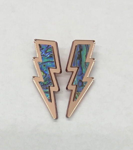 Lightning Bolt Earrings Rose Gold acrylic and Abalone