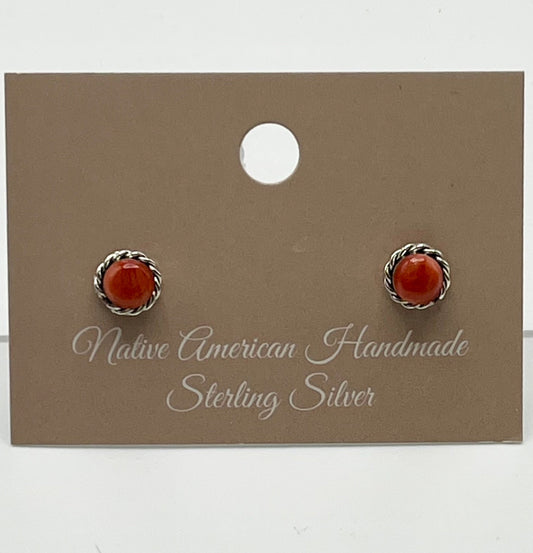 Orange Spiny Oyster and Sterling Silver Round Shaped Earrings
