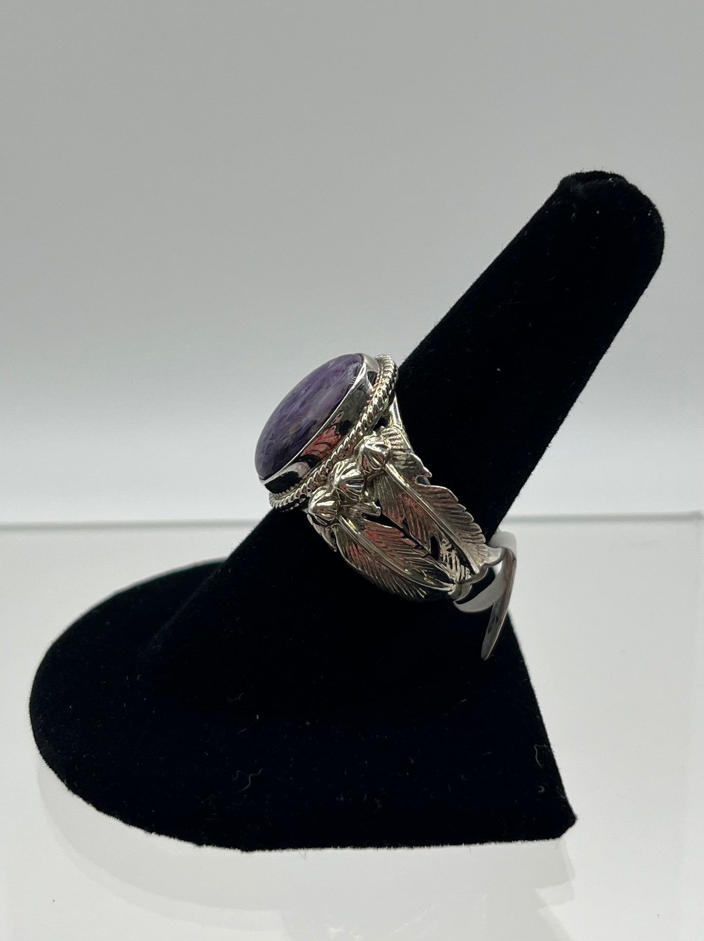 Charoite and Sterling Silver Ring with Feather Detail Size 8.75