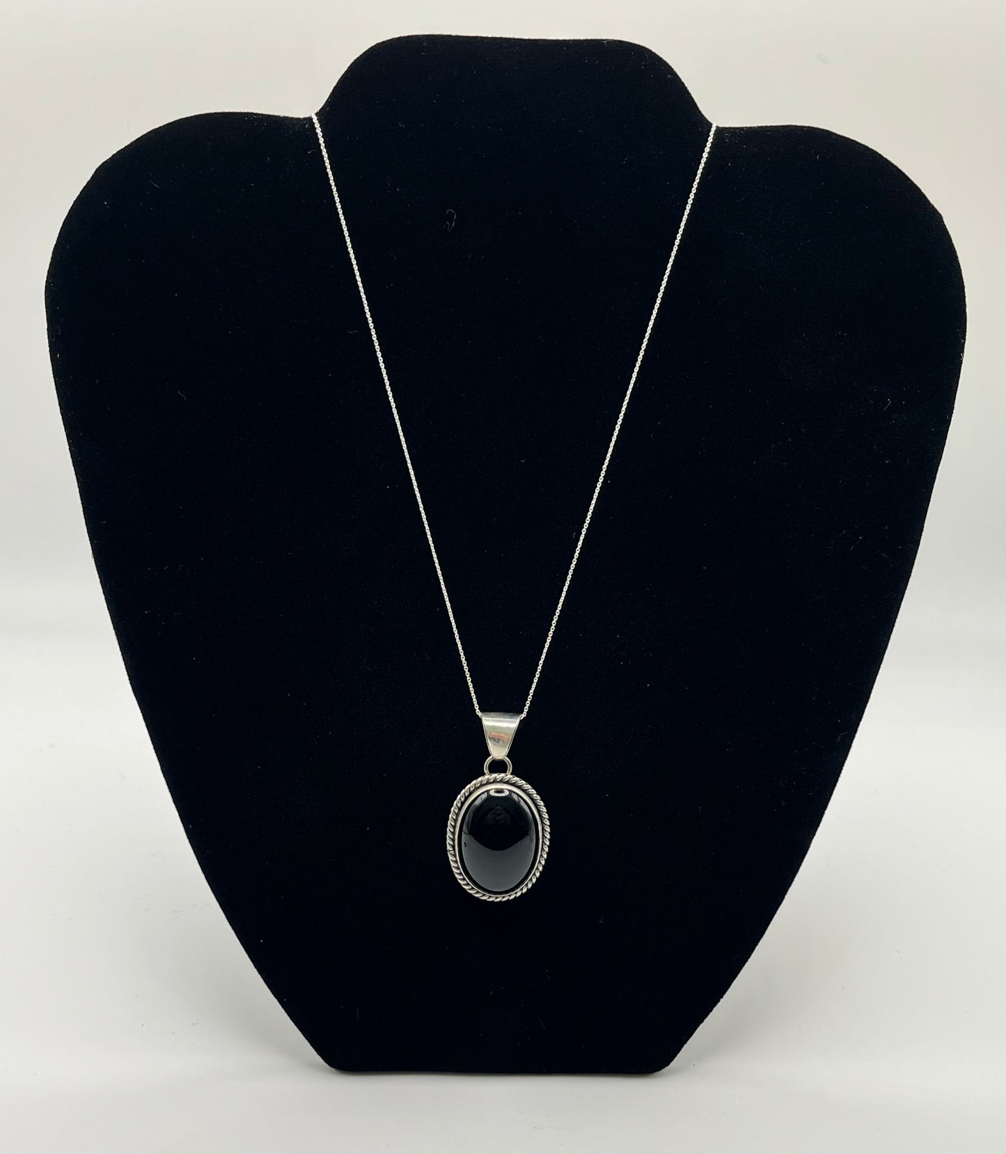 Onyx and Sterling Silver Oval Shaped Pendant with Chain