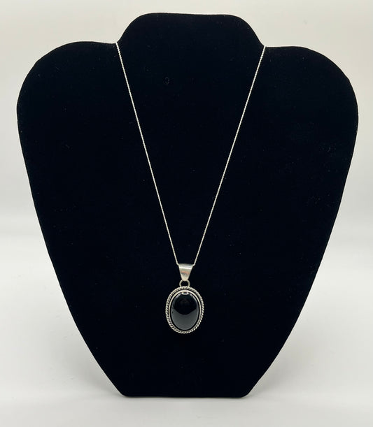 Onyx and Sterling Silver Oval Shaped Pendant with Chain