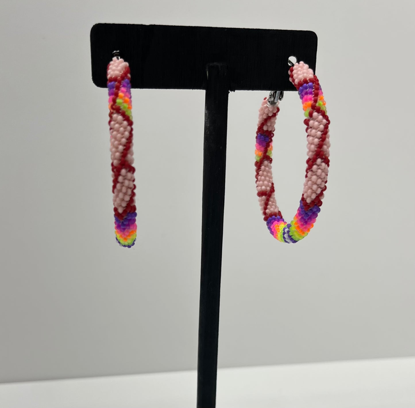 Large Beaded Hoop Earrings; Light Pink with Neon