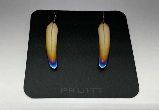 Pat Pruitt Titanium Small Feather Earrings Gold with Purple and Light Blue Tips