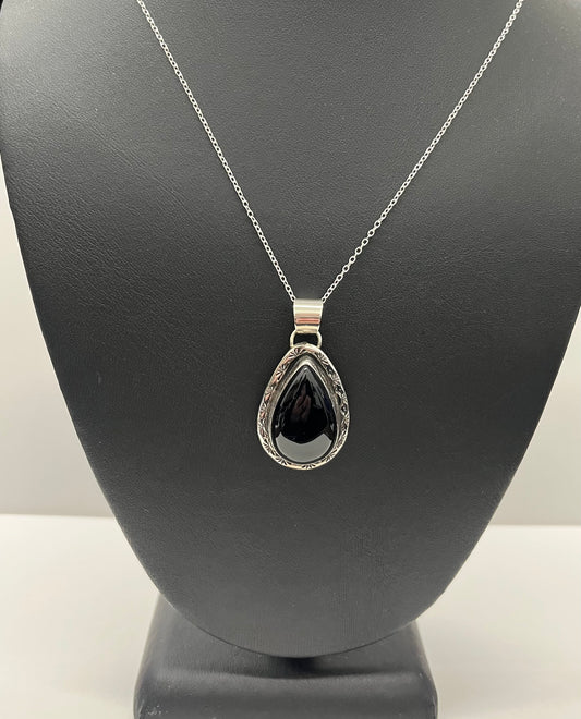Pear shaped Onyx and Sterling Silver Pendant with chain